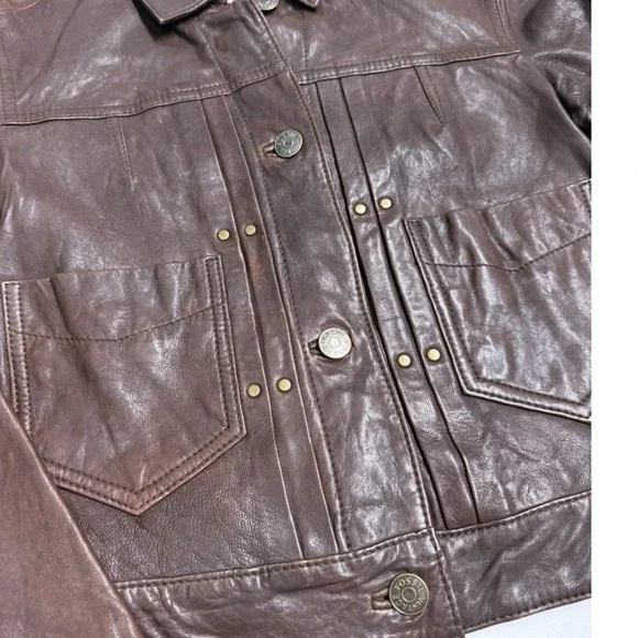 Fossil Brown Leather Cropped lamb leather Jacket Womens Trucker Button Front - Picture 2 of 9